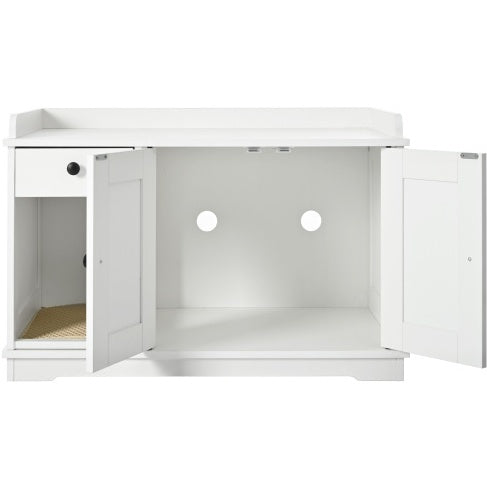 GO Cat Litter Box Enclosure, Litter Box Furniture Hidden With Cat Litter Mat, Indoor Cat House With Storage Drawer Side Table, Farmhouse Style Cat Box Cabinet For Living Room, White