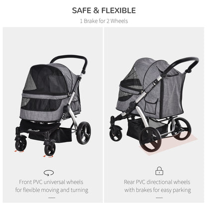 Pet Stroller Foldable Dog Cat Travel Carriage with Adjustable Handlebar PVC Wheel Brake Storage Bag Window Safety Leash