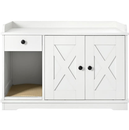 GO Cat Litter Box Enclosure, Litter Box Furniture Hidden With Cat Litter Mat, Indoor Cat House With Storage Drawer Side Table, Farmhouse Style Cat Box Cabinet For Living Room, White