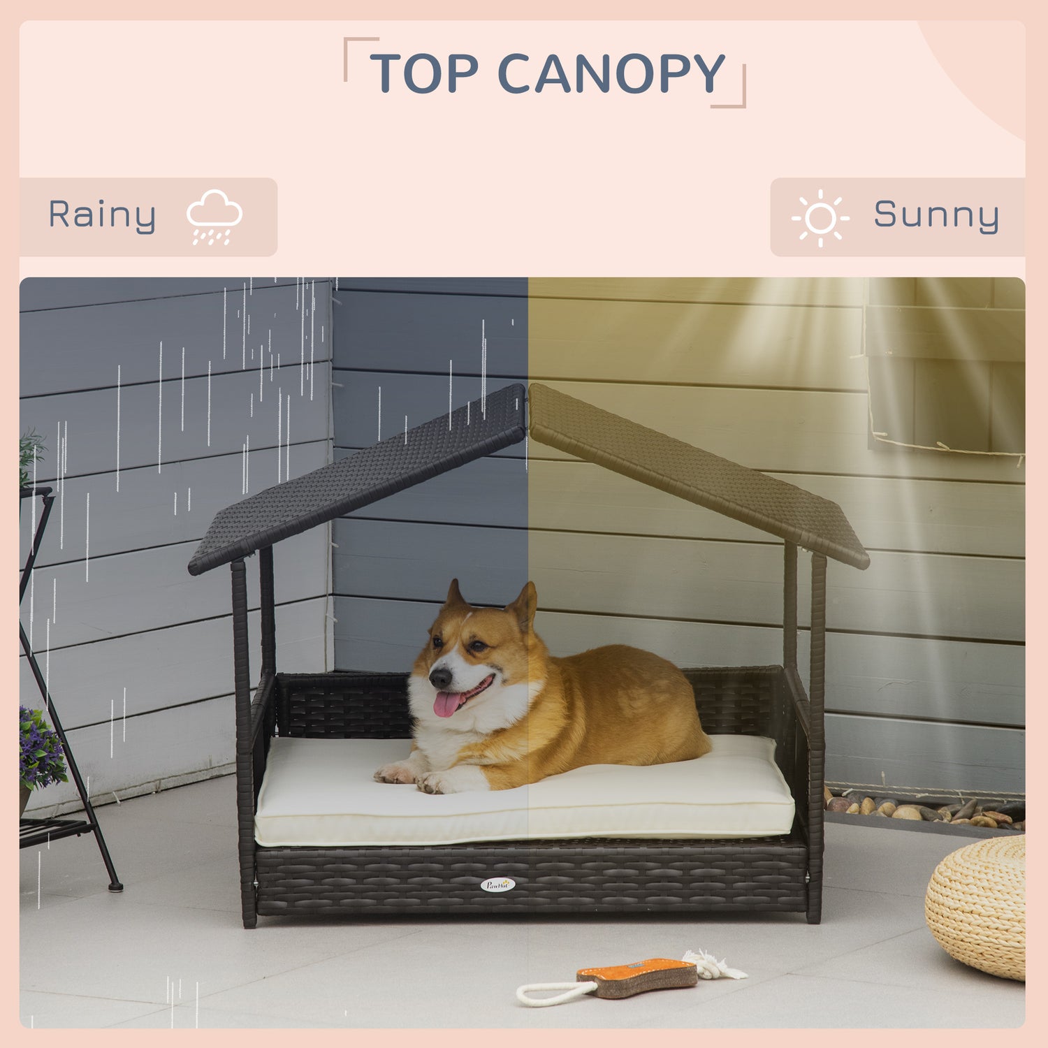 Wicker Dog Bed Outdoor Elevated With Rattan Canopy Cushioned PE Rattan Dog Cat House Sleeping Pad Cream