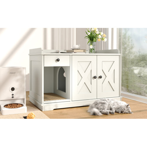 GO Cat Litter Box Enclosure, Litter Box Furniture Hidden With Cat Litter Mat, Indoor Cat House With Storage Drawer Side Table, Farmhouse Style Cat Box Cabinet For Living Room, White